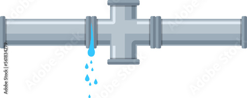 Pipe with water drops. Leaking broken sewer isolated on white background. Plumber repair, leakage problem, wet floor, cartoon flat element. Vector damaged plastic pipeline illustration