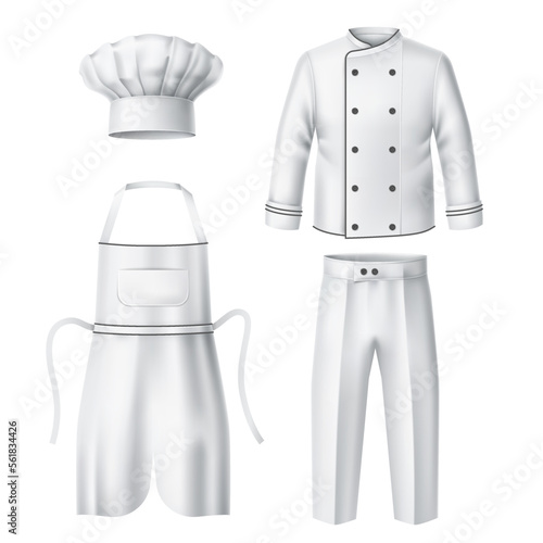 Realistic chef uniform. Cook clothes elements, professional work wear, white cap, apron, trousers and jacket, traditional hat, 3d isolated elements, costume for restaurant utter vector set