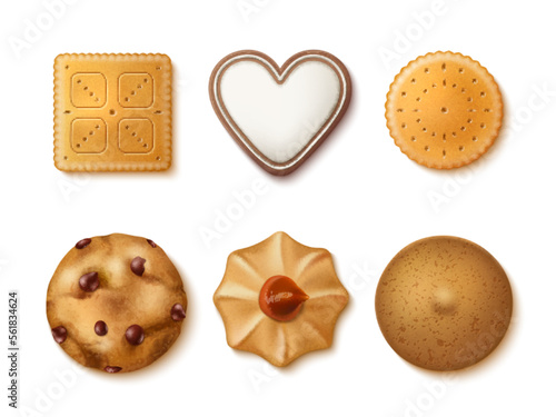 Realistic cookies. Sweet variety biscuits, cream and glazed, top view bakery products, homemade delicious crackers with chocolate and jam, 3d isolated elements, utter vector set