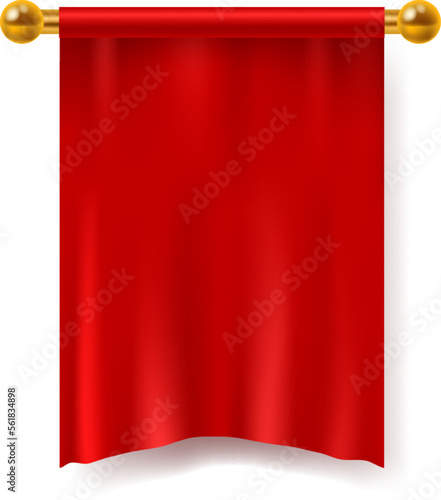 Red pennant. Blank textile advertising realistic flag mockup, logo template and branding. Medieval heraldic hanging canvas. Empty space ad. 3D isolated element, vector illustration