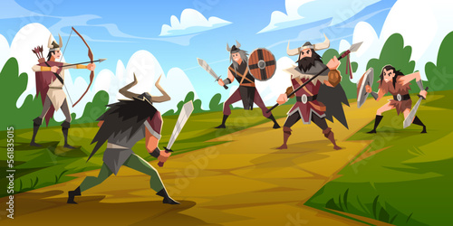 Vikings battle. Armed barbarians clash, scandinavian warriors with weapons and wooden traditional shield, cartoon medieval folk characters in animal skins, scandi people, tidy vector concept