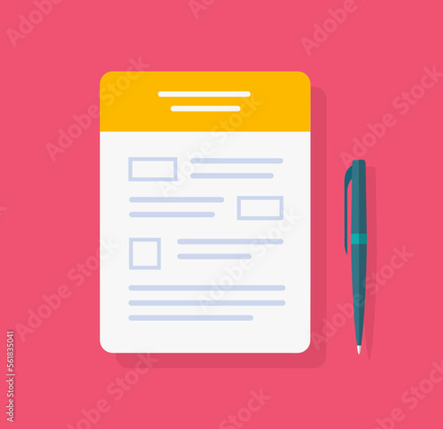 Form application filling icon vector, tax document paper list with pen illustration flat design, job questionnaire statement write, loan admission apply, survey claim, register submission agreement