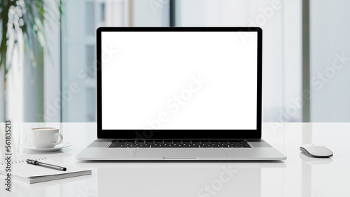 Laptop mockup with transparent screen png on table with office workspace background