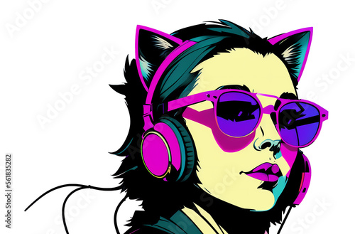 Girl in sunglasses and headphones. Flat, neon colors. Mixed fashion, 80's, 90's aesthetic. Music wallpaper. Generative AI