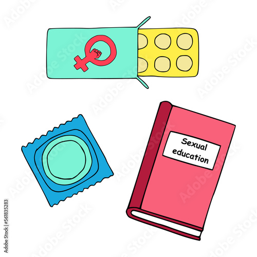 Vector illustration in doodle style reproductive justice.Set of contraceptives and a book on sex education