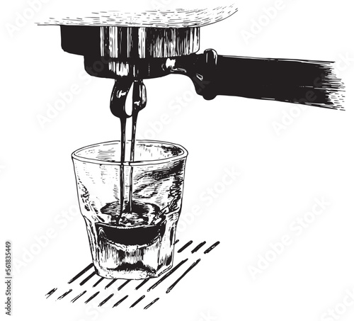 Hand drawing vector espresso illustration. Espresso pouring from coffee machine.