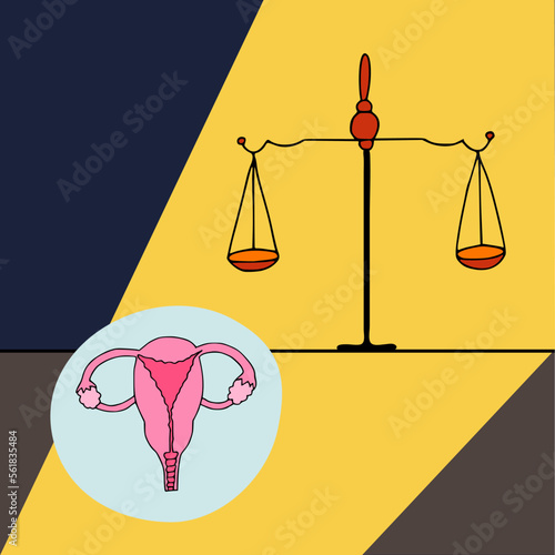 Vector illustration in doodle style..Abortion law and reproductive justice as a legal concept for reproduction rights as legislation by government to decide laws concerning pro life or choice.