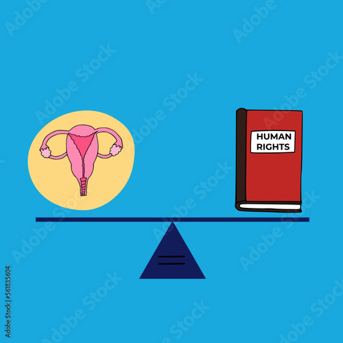 Vector illustration in doodle style concept on the theme of reproductive justice..reproductive female organ and human rights stands on a swing