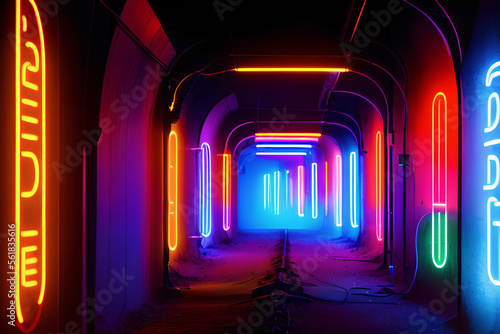 Cyberpunk neon glowing tunnel with messy floor and wires. Generative AI