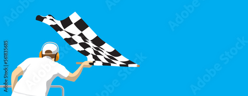 person waving a competition checkered flag, vector illustration, copy space. arrival of the winner