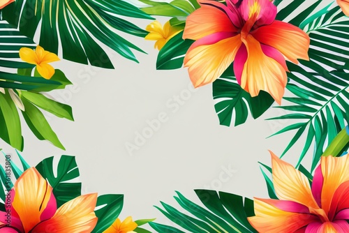 Tropical background with leaves and bright colorful flowers. Generative AI