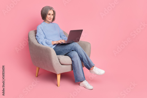 Full body photo of pensioner woman grandmother wear blue knit jumper online meeting comfort indoors chair laptop isolated on pink color background