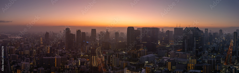 Panoramic aerial view of Osaka City on hazy morning before sunrise