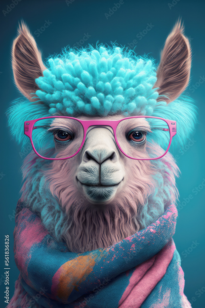 Pink alpaca with turquoise hair and a scarf wearing pink sunglasses on pink  background. Generative AI Stock Illustration | Adobe Stock