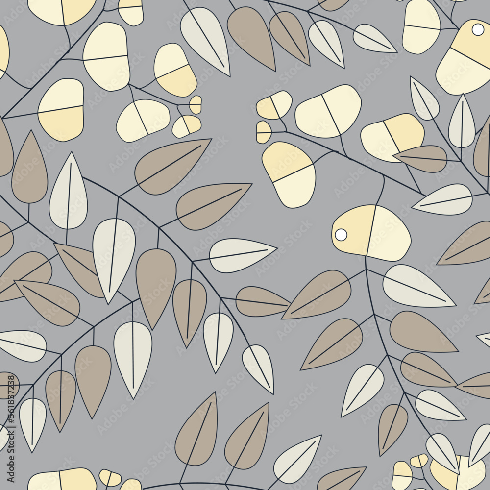 Stylized pattern of twigs with brown and pale yellow leaves on a light brown background. Seamless vector pattern. Stylized pattern of twigs with brown and pale yellow leaves on a light brown background. Seamless vector pattern.