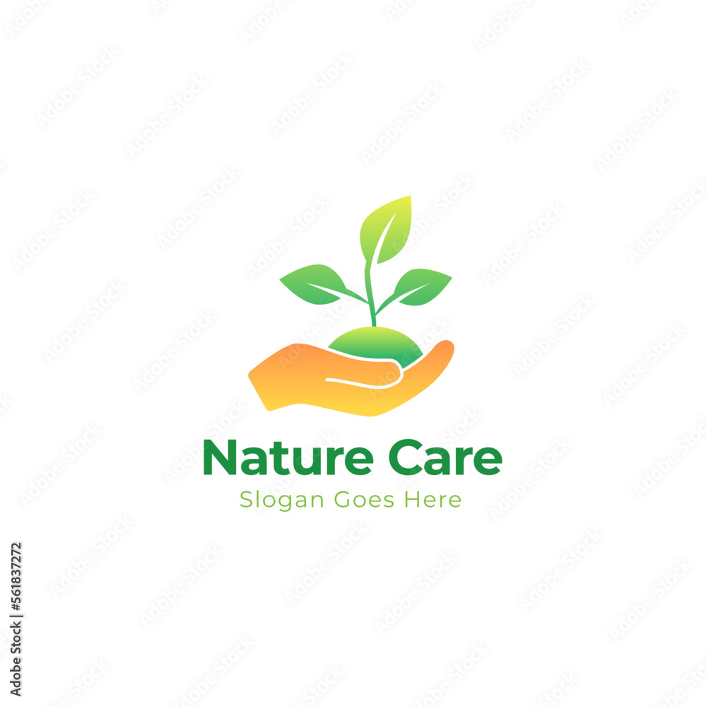 Care of plant logo. Hand, holding, sapling, leaf. Gardening concept. Vector illustration can be used for topics like growth, planting, ecology Care of plant logo. Hand, holding, sapling, leaf. Gardening concept. Vector illustration can be used for topics like growth, planting, ecology