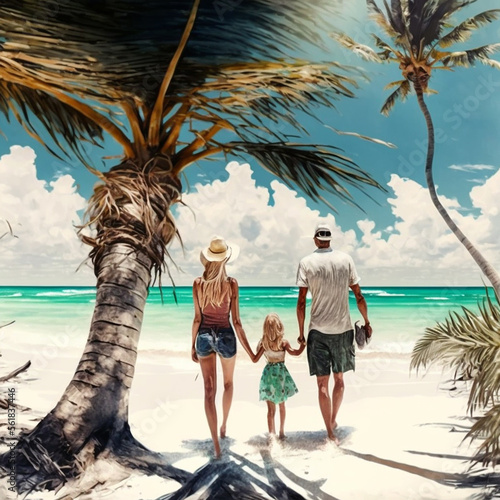 On vacation on a tropical island by the sea with coconut trees. Family with children in front of the turquoise lagoon as a digital illustration (generative AI) photo
