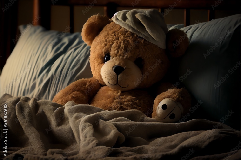 A teddy bear feeling sick and laying in bed.. Generative AI