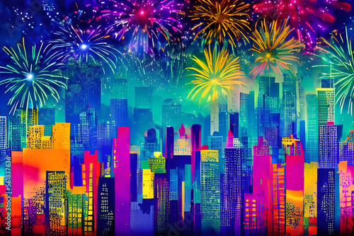 digital illustration of a big city on New Year's Eve (Generative AI) © senadesign