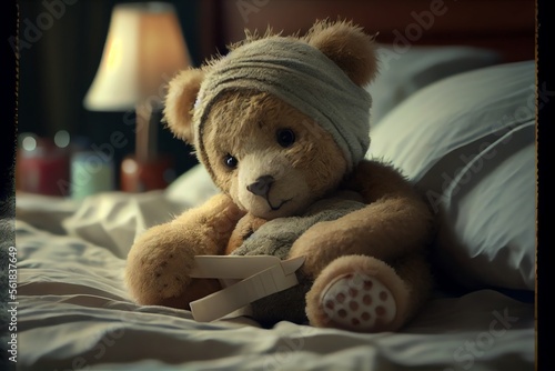 A teddy bear feeling sick and laying in bed.. Generative AI