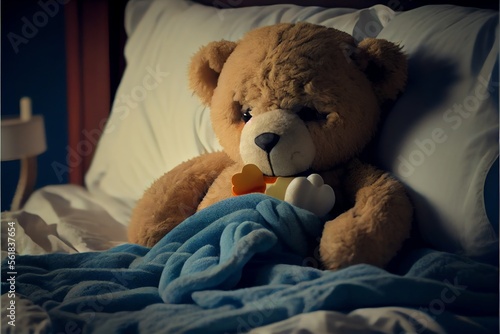 A teddy bear feeling sick and laying in bed.. Generative AI