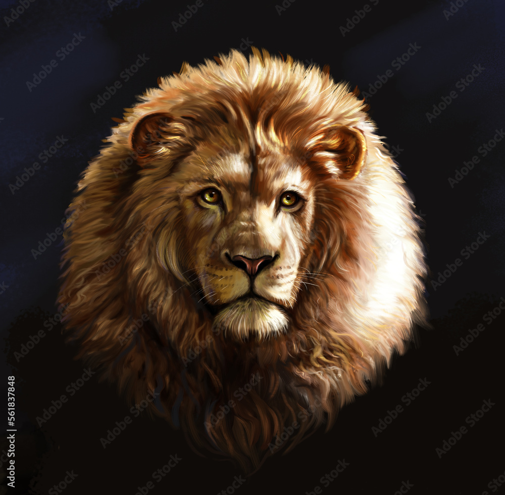 Realistic digital painting of a lion. Big wild animal.