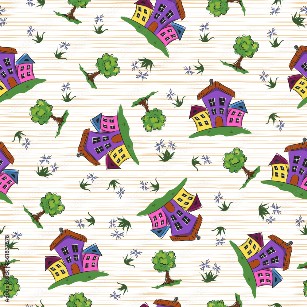 seamless pattern with houses and trees on a white background