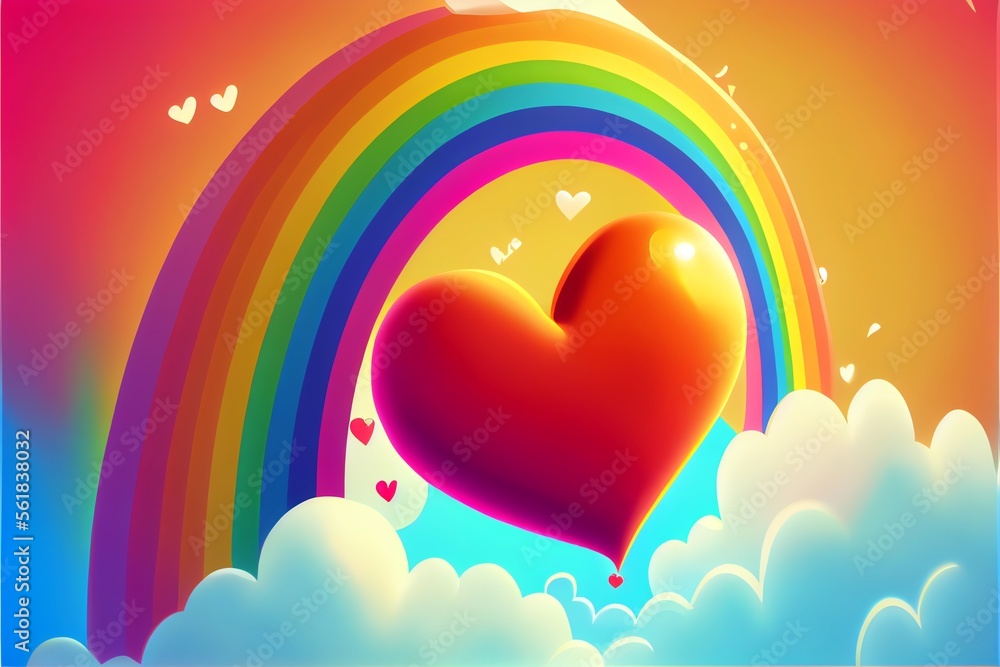 A cartoon heart in the sky with a rainbow. Generative AI