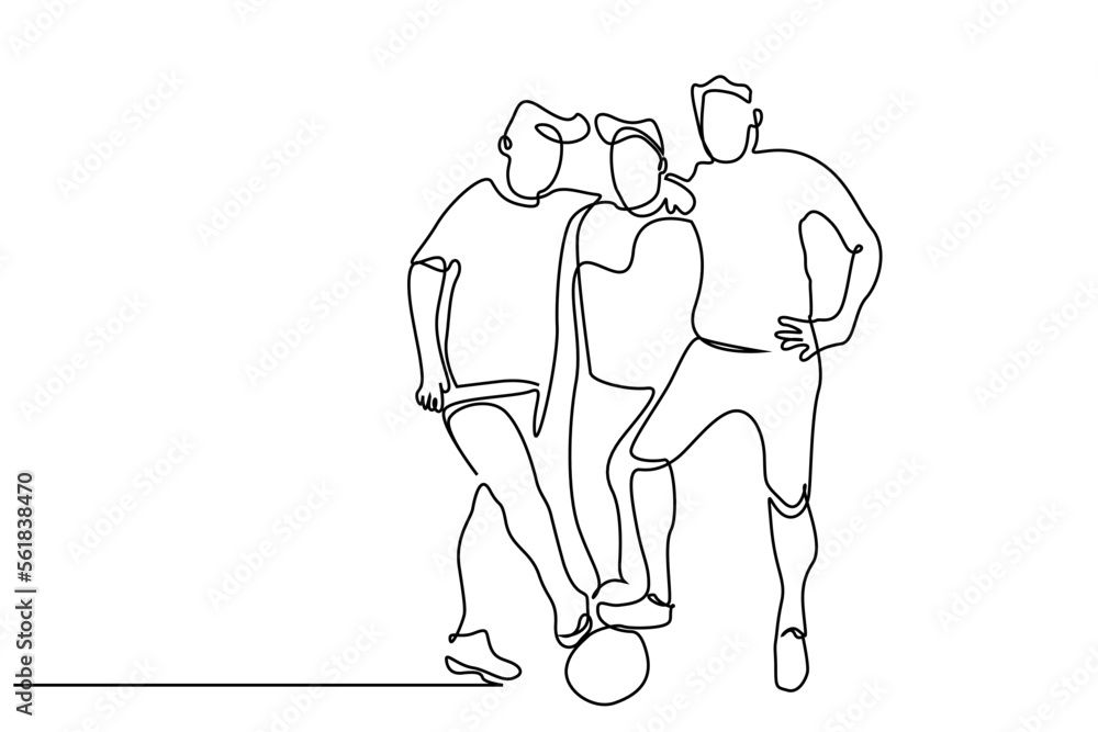 football sport three people posing together full body happy line art concept