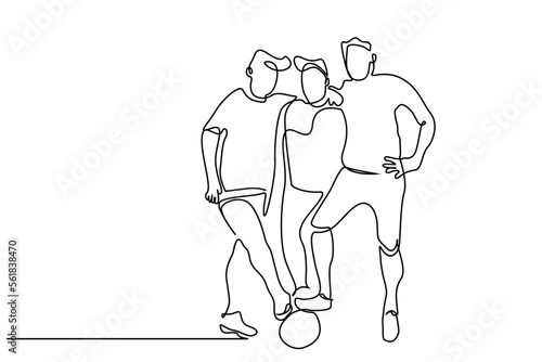 football sport three people posing together full body happy line art concept