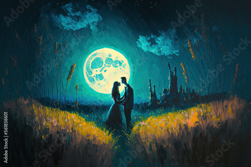 Fantasy love painting of lovers in a romantic nighttime scene in a field of long grass lit by lanterns and the full moon. contemporary impressionist art. Generative AI