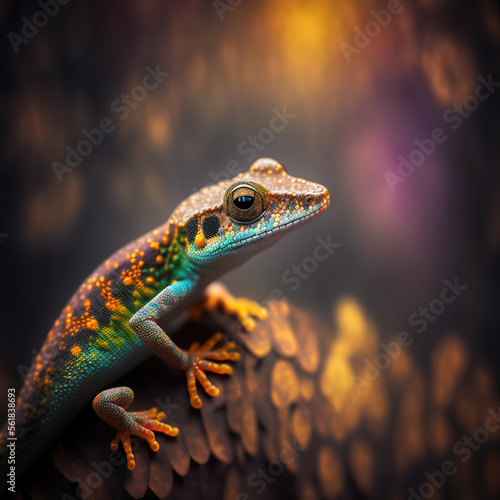 Colourful gecko on fallen leaves in autumn, ai art photo