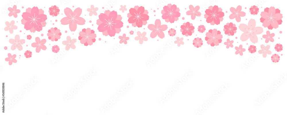 Spring blossoms, blooms, pink flowers border on white, with copy space. Flat style vector illustration. Abstract geometric design. Concept for seasonal promotion, sale, advertising, poster, banner