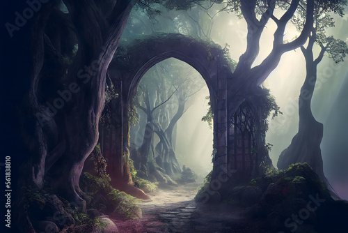 Into the deep woods  atmospheric landscape with an archway and ancient trees  misty and foggy mood