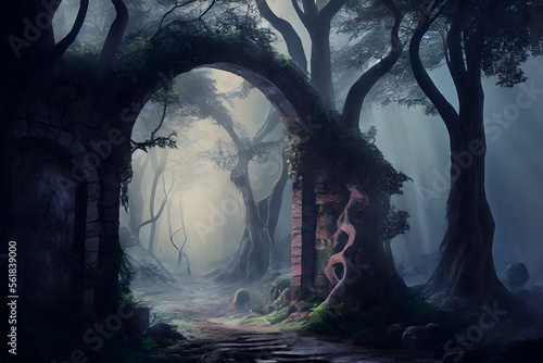 Into the deep woods, atmospheric landscape with an archway and ancient trees, misty and foggy mood