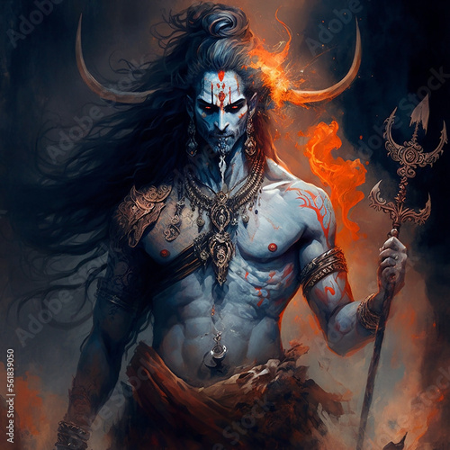 Lord Shiva Gott der Zerstörung epische Pose mit Tribuvhan für t-shirt print, poster - Religiöse hinduistische Kunst 