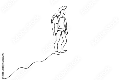 male person alone in nature backpack summit top cool stand line art
