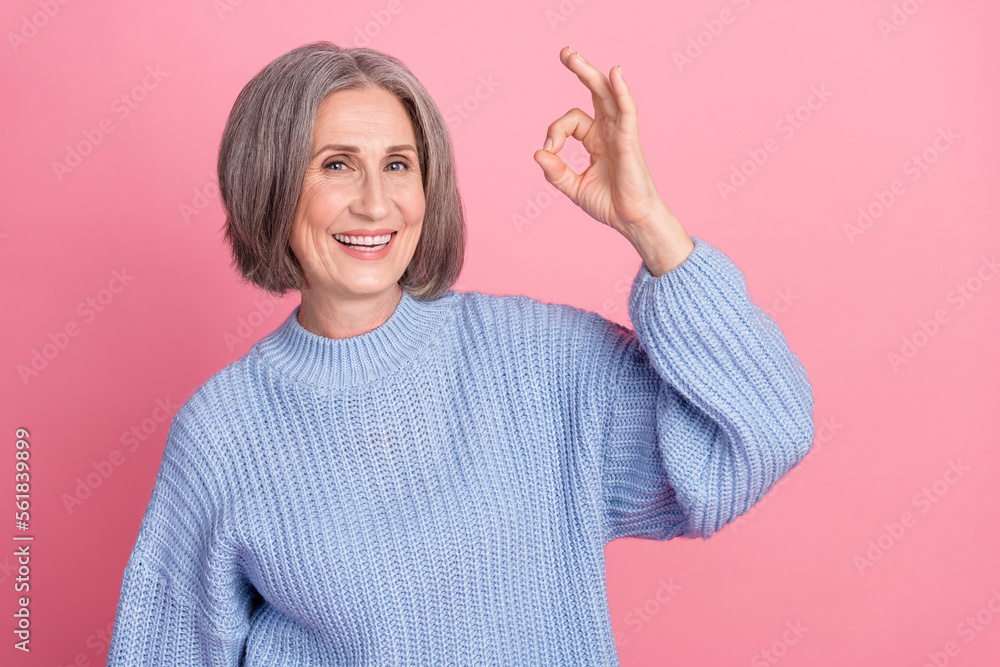 Photo of adorable positive lady wear cozy stylish clothes arm okey symbol empty space nice shopping isolated on pink color background Photo of adorable positive lady wear cozy stylish clothes arm okey symbol empty space nice shopping isolated on pink color background