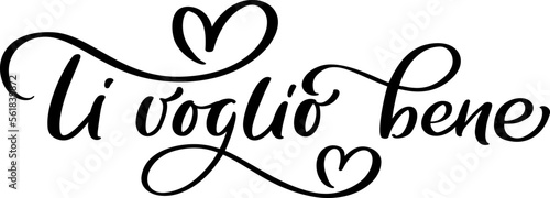 I love you on Italian Ti Voglio Bene. Black vector calligraphy lettering text with heart. Holiday quote design for valentine greeting card, phrase poster