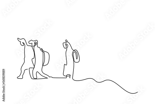 people backpacking together outside line art