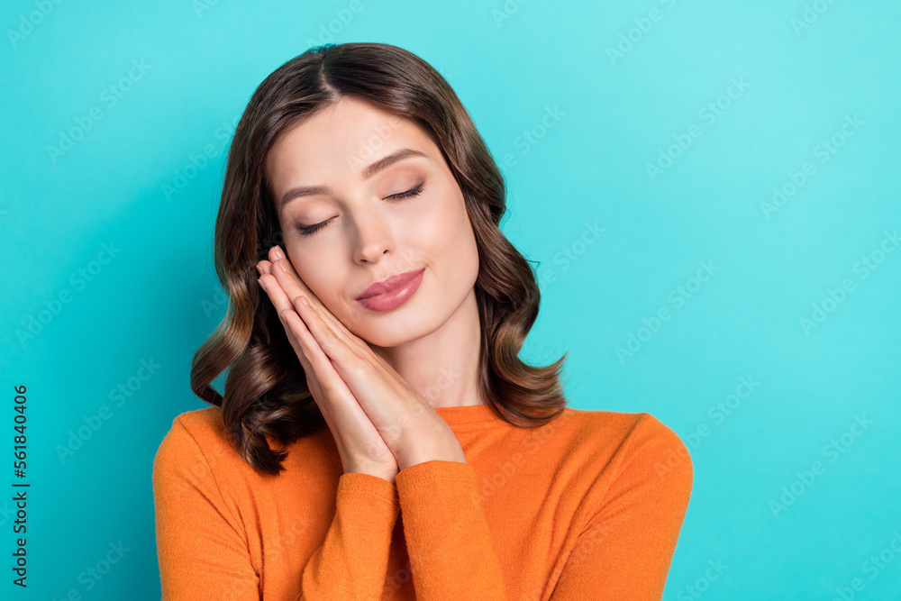 Photo of cute lovely tired lady eyes closed sleep imagine summer vacation isolated on cyan color background Photo of cute lovely tired lady eyes closed sleep imagine summer vacation isolated on cyan color background
