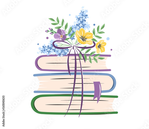 Books with spring flowers on white background. Design for card or promotional poster. Vector illustration