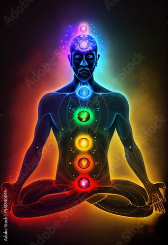 7 chakras concept, man or woman in lotos position with seven chakras on the body photo
