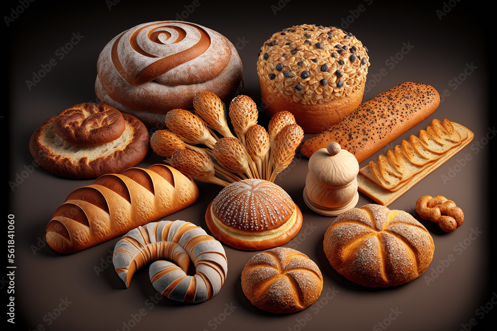 a collection of numerous fresh baked breads. Generative AI