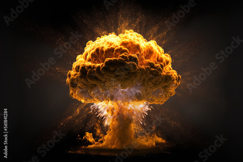 Orange colored fiery bomb explosion with sparks and smoke, isolated on a black background. Generative AI