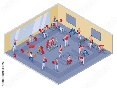 Bodybuilders in the gym illustration isometric icons on isolated background