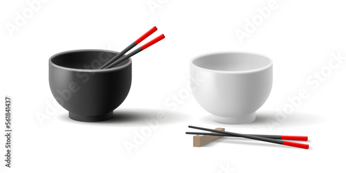 Black and white empty deep bowl with chopsticks, 3d. Asian cuisine. Modern vector for design on white background.