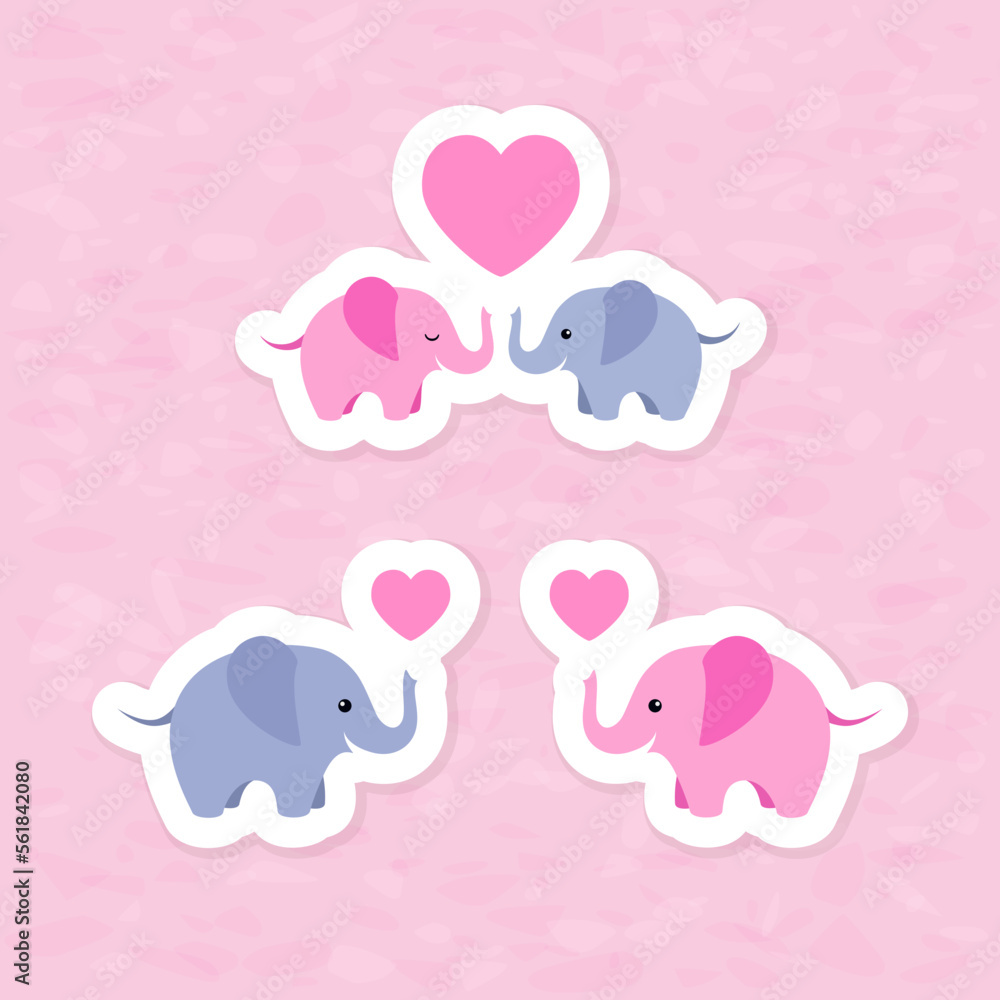 Cute cartoon elephant with heart sticker set. Printable vector illustration Cute cartoon elephant with heart sticker set. Printable vector illustration
