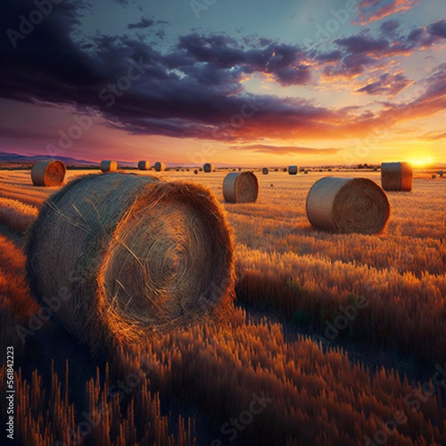 Bales of hay in field at sunset. Generative AI. 