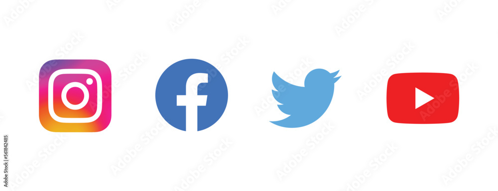 Twitter, YouTube Play, Facebook, Instagram, logo set, Vector editorial